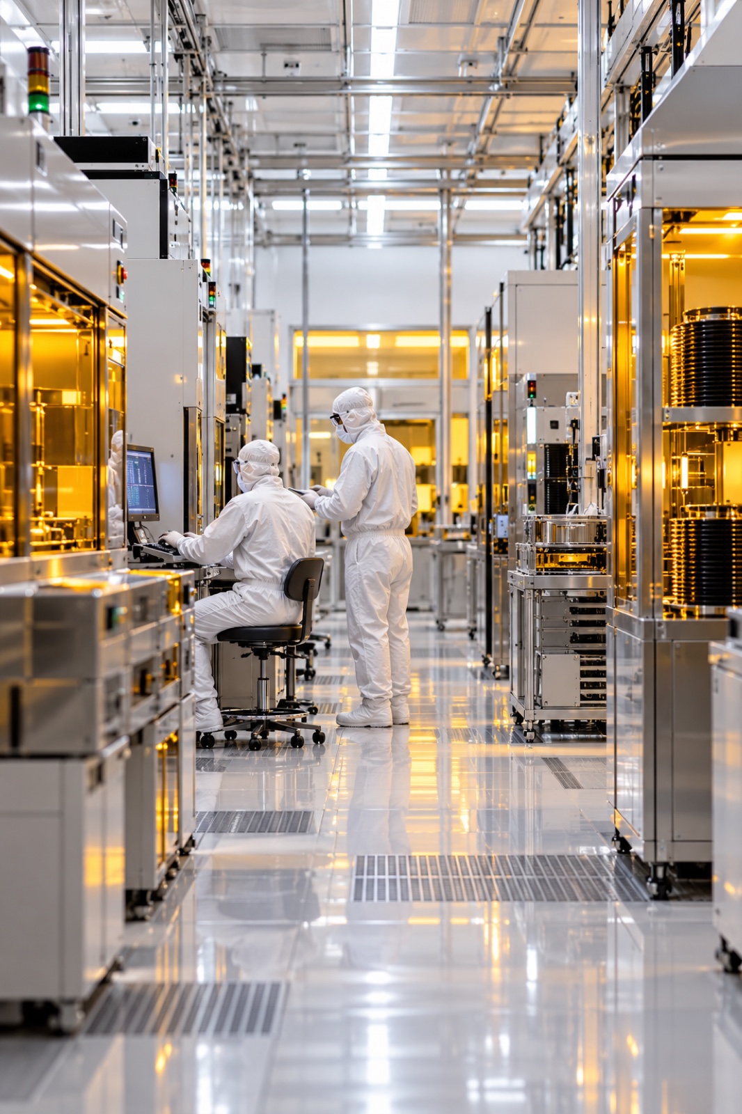 Engineers collaborating in a semiconductor cleanroom