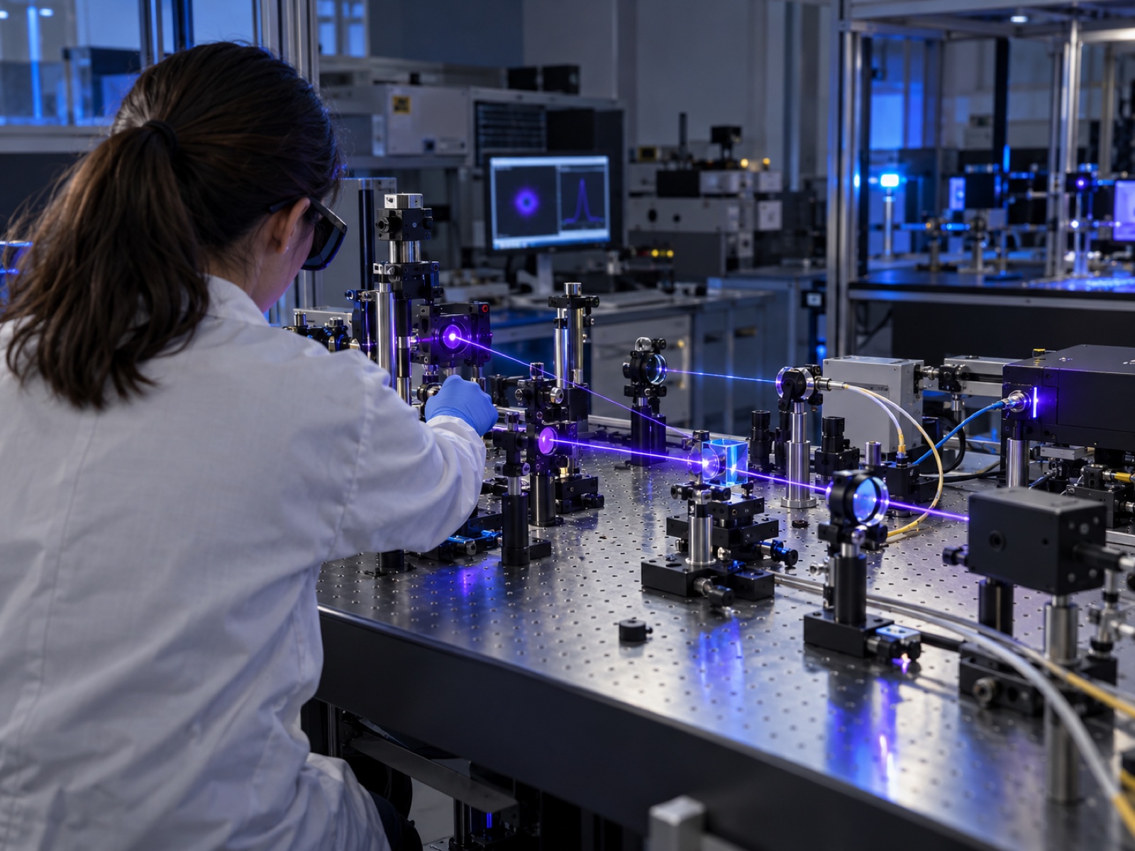 Researcher aligning optics in a photonics laboratory